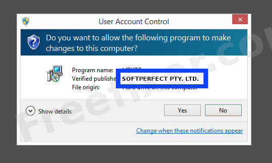 Screenshot where SOFTPERFECT PTY. LTD. appears as the verified publisher in the UAC dialog